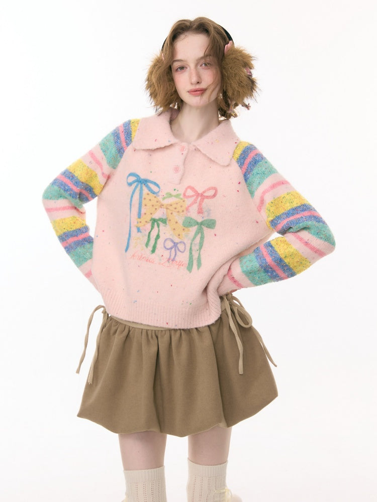Rainbow Colored Stripes Polo Collar Bow Sweater【s0000015295】