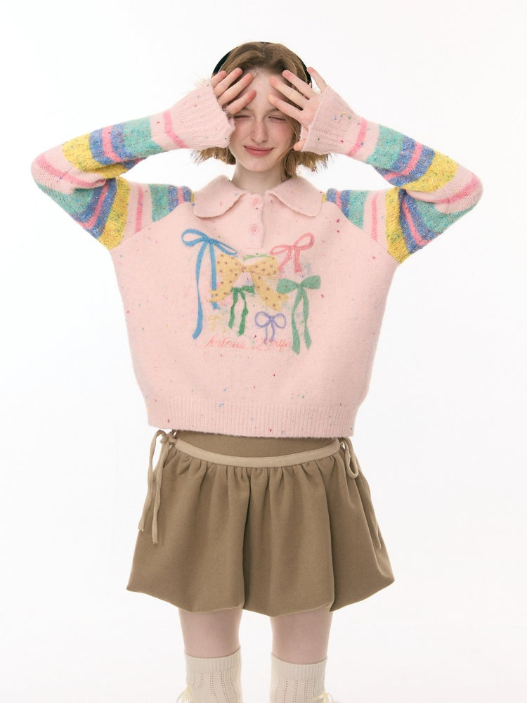 Rainbow Colored Stripes Polo Collar Bow Sweater【s0000015295】
