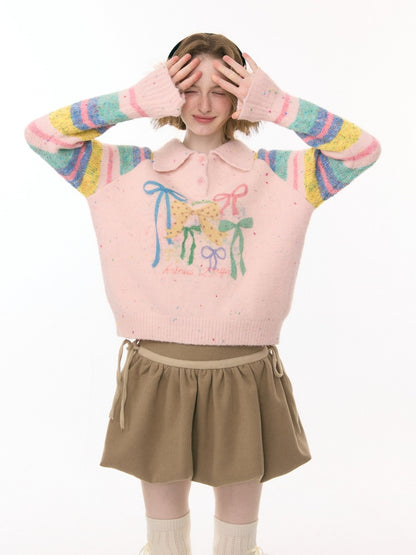 Rainbow Colored Stripes Polo Collar Bow Sweater【s0000015295】