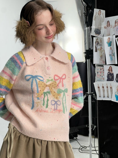 Rainbow Colored Stripes Polo Collar Bow Sweater【s0000015295】