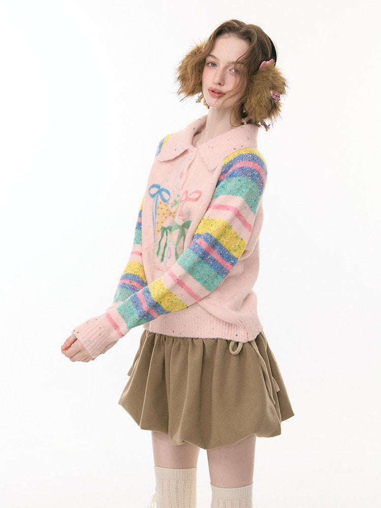 Rainbow Colored Stripes Polo Collar Bow Sweater【s0000015295】