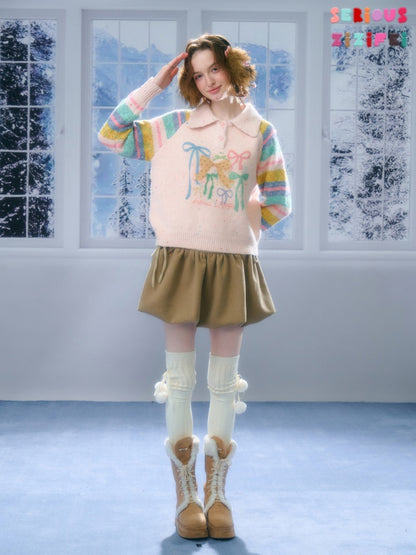 Rainbow Colored Stripes Polo Collar Bow Sweater【s0000015295】