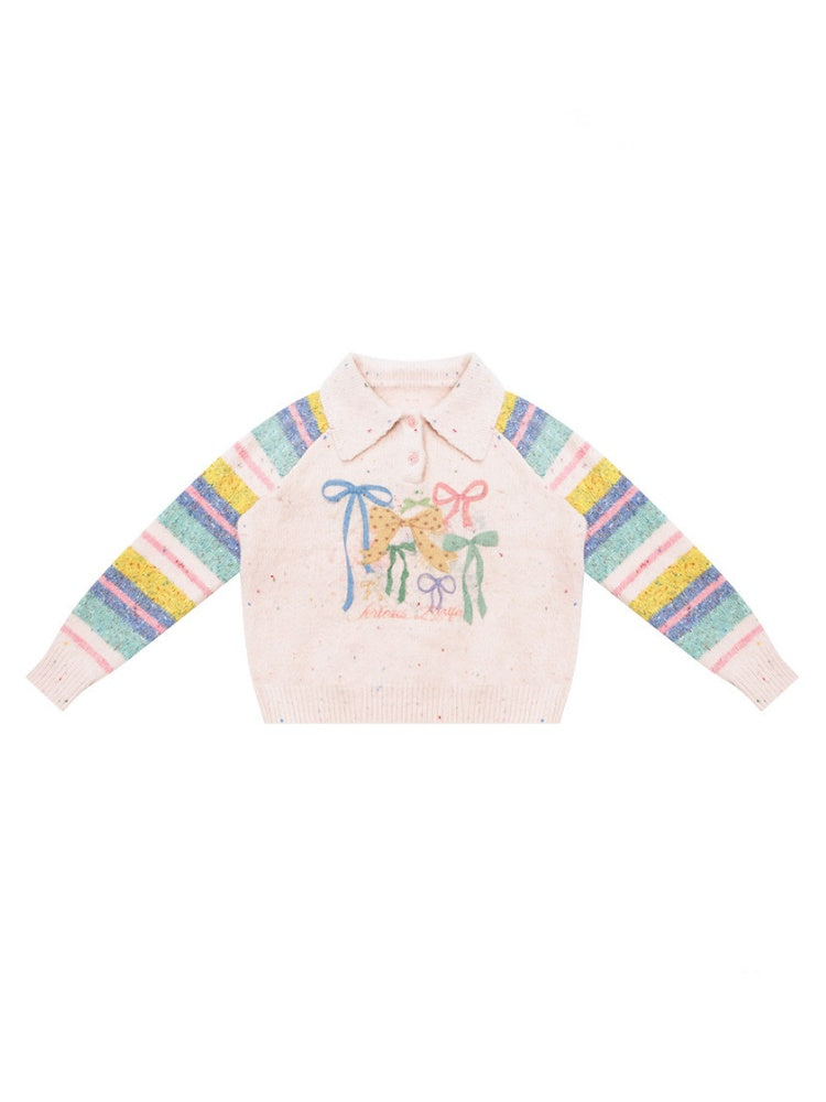 Rainbow Colored Stripes Polo Collar Bow Sweater【s0000015295】