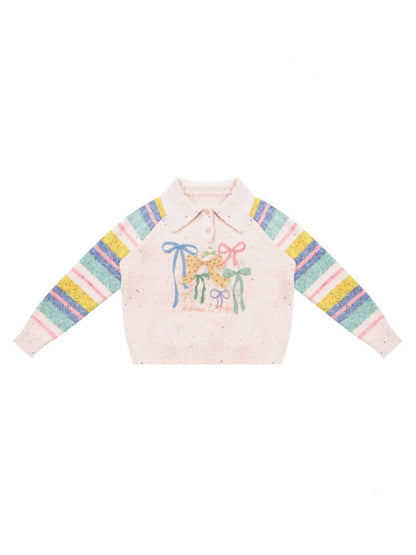 Rainbow Colored Stripes Polo Collar Bow Sweater【s0000015295】