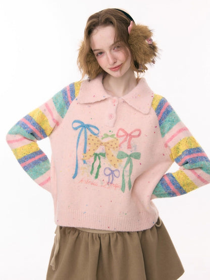 Rainbow Colored Stripes Polo Collar Bow Sweater【s0000015295】