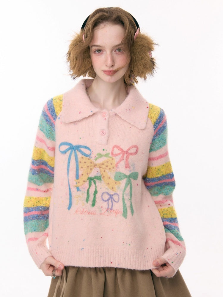 Rainbow Colored Stripes Polo Collar Bow Sweater【s0000015295】