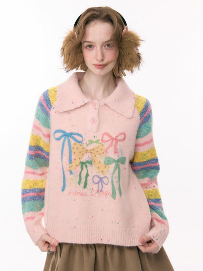 Rainbow Colored Stripes Polo Collar Bow Sweater【s0000015295】