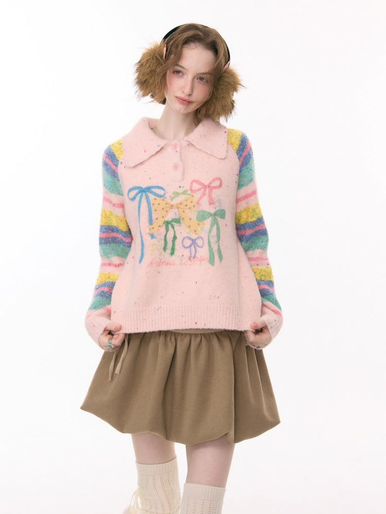 Rainbow Colored Stripes Polo Collar Bow Sweater【s0000015295】