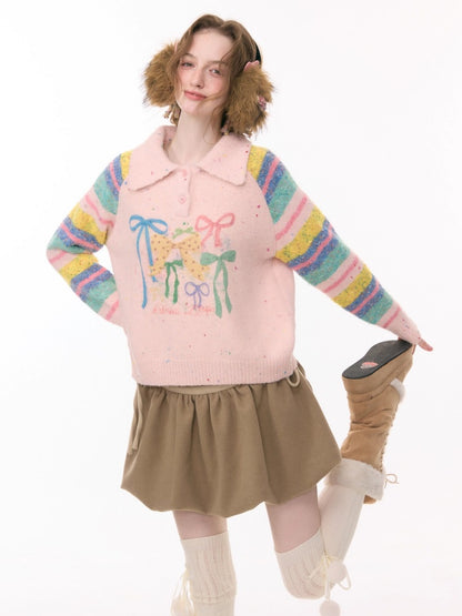 Rainbow Colored Stripes Polo Collar Bow Sweater【s0000015295】