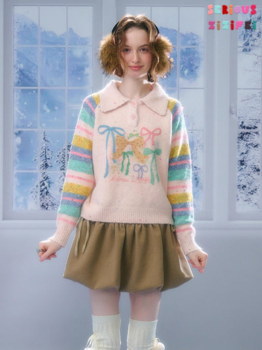 Rainbow Colored Stripes Polo Collar Bow Sweater【s0000015295】