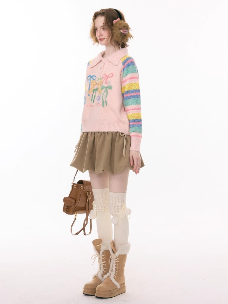 Rainbow Colored Stripes Polo Collar Bow Sweater【s0000015295】