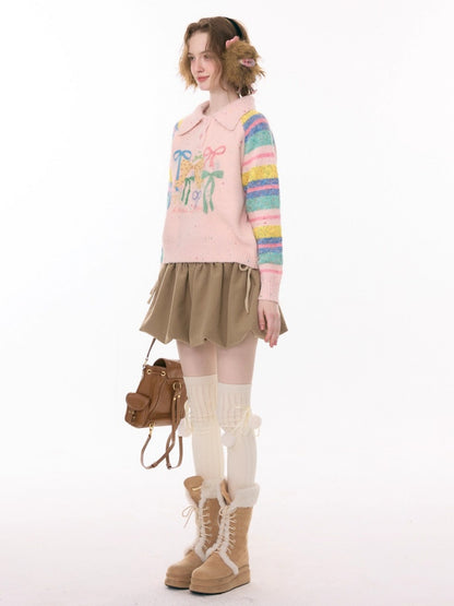 Rainbow Colored Stripes Polo Collar Bow Sweater【s0000015295】