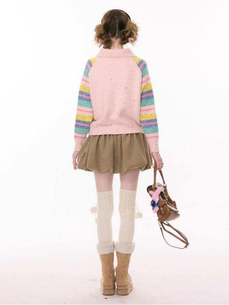 Rainbow Colored Stripes Polo Collar Bow Sweater【s0000015295】