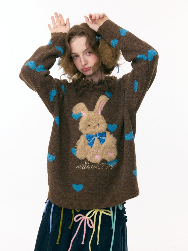 Plush Edge Neckline Heart Rabbit Sweater【s0000015296】