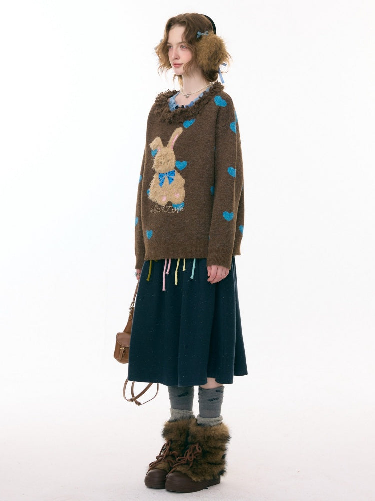 Plush Edge Neckline Heart Rabbit Sweater【s0000015296】