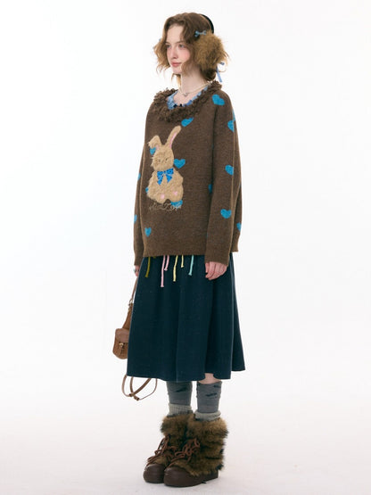 Plush Edge Neckline Heart Rabbit Sweater【s0000015296】