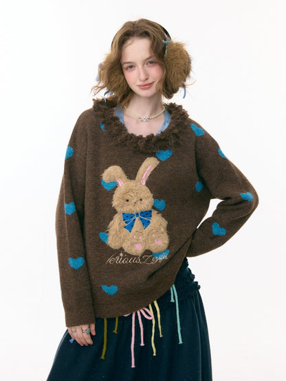 Plush Edge Neckline Heart Rabbit Sweater【s0000015296】