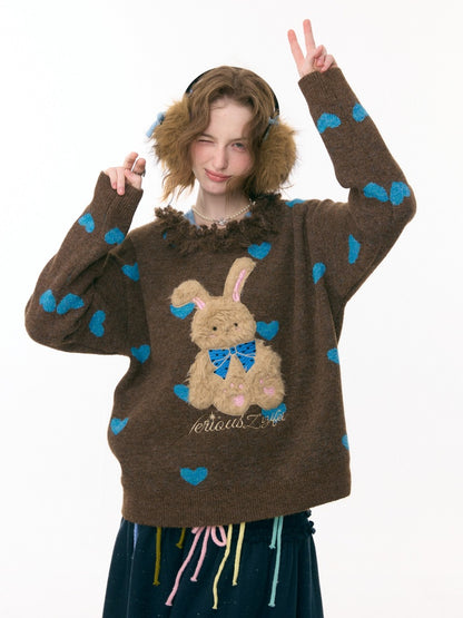 Plush Edge Neckline Heart Rabbit Sweater【s0000015296】