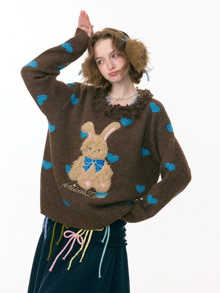 Plush Edge Neckline Heart Rabbit Sweater【s0000015296】
