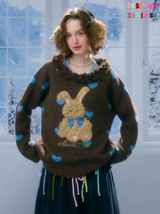 Plush Edge Neckline Heart Rabbit Sweater【s0000015296】