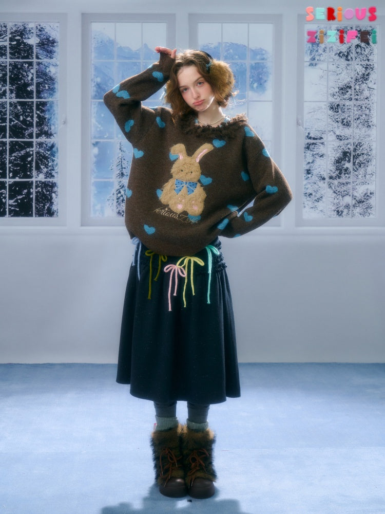 Plush Edge Neckline Heart Rabbit Sweater【s0000015296】