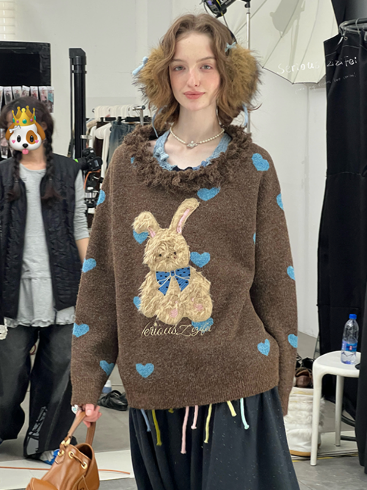 Plush Edge Neckline Heart Rabbit Sweater【s0000015296】