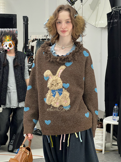 Plush Edge Neckline Heart Rabbit Sweater【s0000015296】