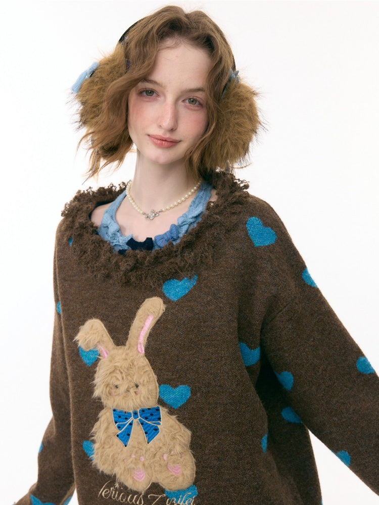 Plush Edge Neckline Heart Rabbit Sweater【s0000015296】