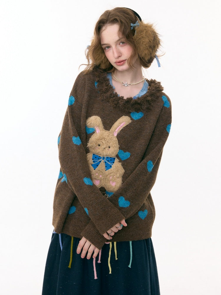 Plush Edge Neckline Heart Rabbit Sweater【s0000015296】