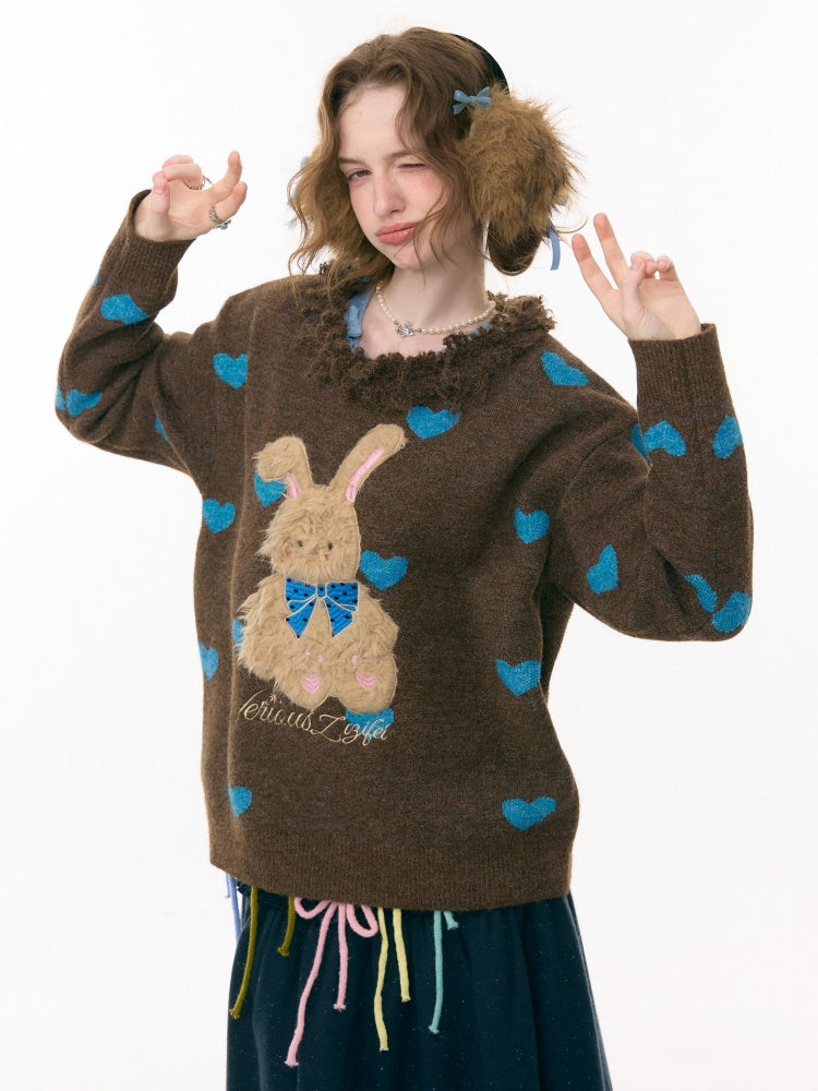 Plush Edge Neckline Heart Rabbit Sweater【s0000015296】