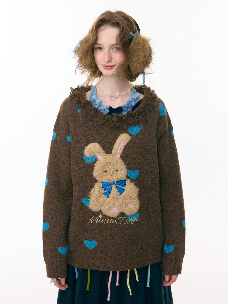 Plush Edge Neckline Heart Rabbit Sweater【s0000015296】