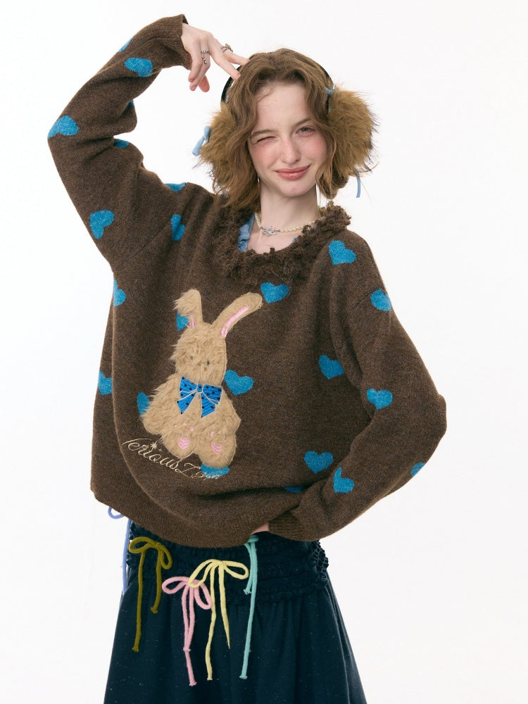 Plush Edge Neckline Heart Rabbit Sweater【s0000015296】