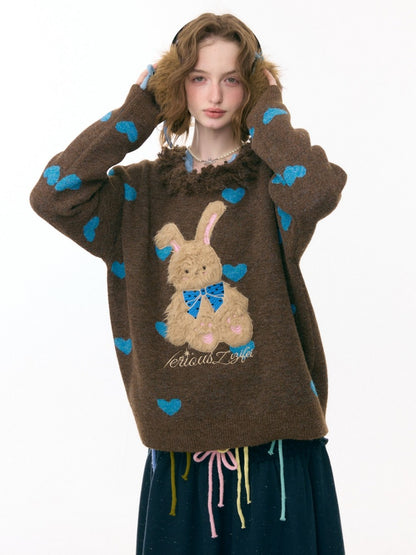Plush Edge Neckline Heart Rabbit Sweater【s0000015296】