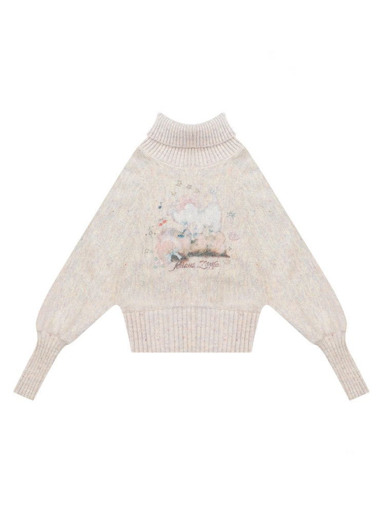 Cat & Dog Poetry Turtle Neck Bat Sleeve Printed Lazy Sweater【s0000015297】