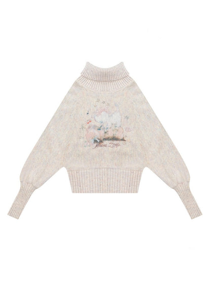 Cat & Dog Poetry Turtle Neck Bat Sleeve Printed Lazy Sweater【s0000015297】