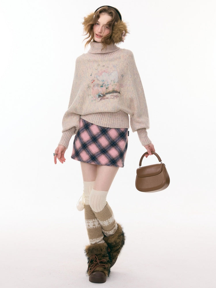 Cat & Dog Poetry Turtle Neck Bat Sleeve Printed Lazy Sweater【s0000015297】