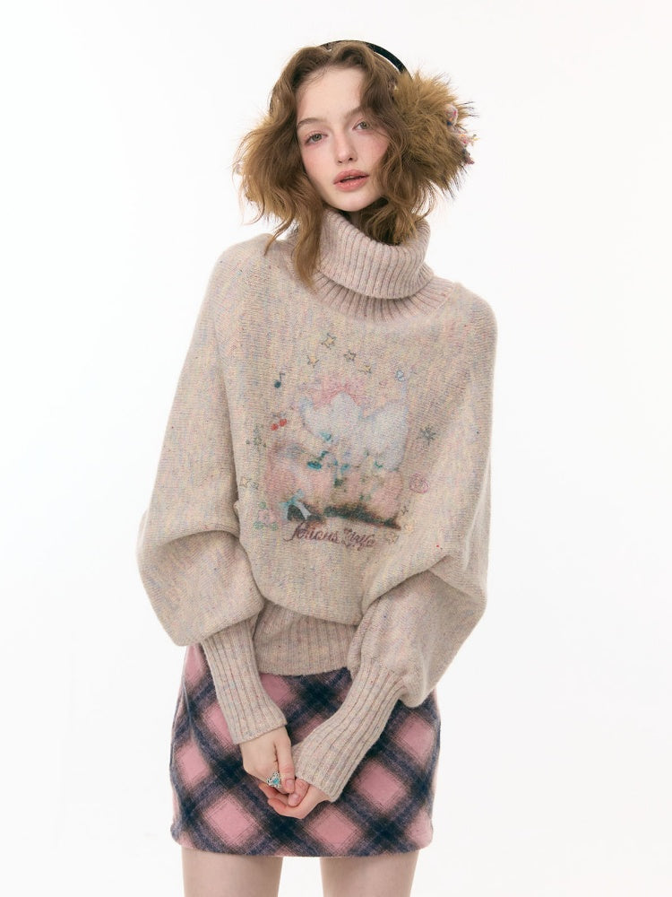 Cat & Dog Poetry Turtle Neck Bat Sleeve Printed Lazy Sweater【s0000015297】