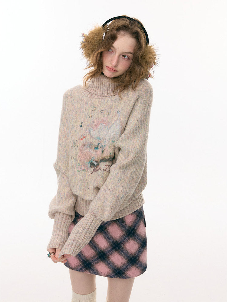 Cat & Dog Poetry Turtle Neck Bat Sleeve Printed Lazy Sweater【s0000015297】