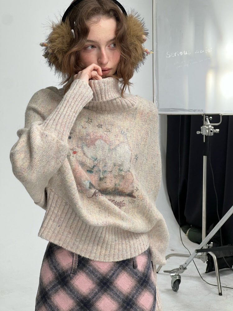 Cat & Dog Poetry Turtle Neck Bat Sleeve Printed Lazy Sweater【s0000015297】