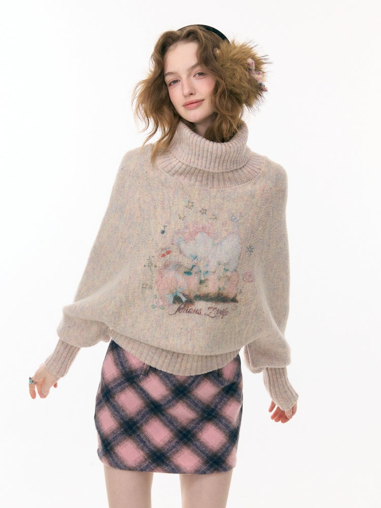 Cat & Dog Poetry Turtle Neck Bat Sleeve Printed Lazy Sweater【s0000015297】