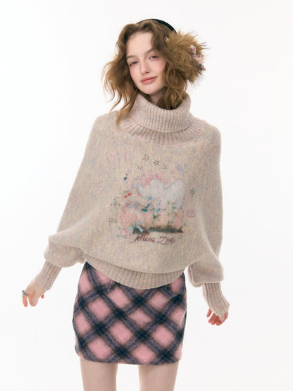 Cat & Dog Poetry Turtle Neck Bat Sleeve Printed Lazy Sweater【s0000015297】
