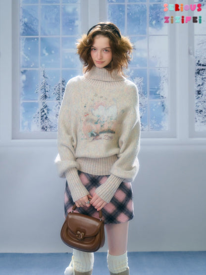 Cat & Dog Poetry Turtle Neck Bat Sleeve Printed Lazy Sweater【s0000015297】