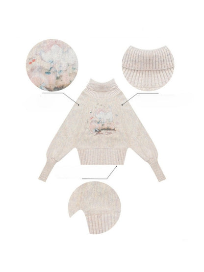Cat & Dog Poetry Turtle Neck Bat Sleeve Printed Lazy Sweater【s0000015297】