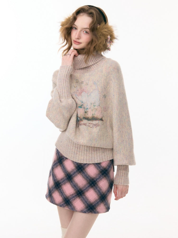 Cat & Dog Poetry Turtle Neck Bat Sleeve Printed Lazy Sweater【s0000015297】