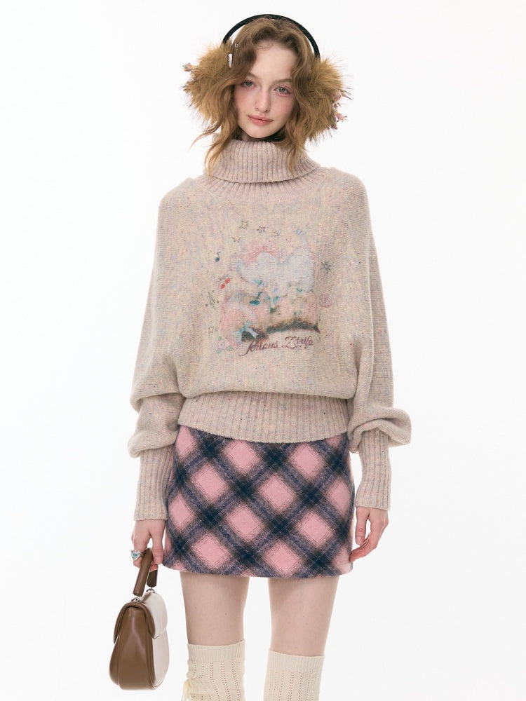 Cat & Dog Poetry Turtle Neck Bat Sleeve Printed Lazy Sweater【s0000015297】