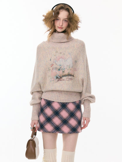 Cat & Dog Poetry Turtle Neck Bat Sleeve Printed Lazy Sweater【s0000015297】