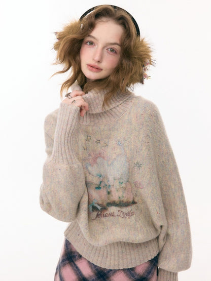 Cat & Dog Poetry Turtle Neck Bat Sleeve Printed Lazy Sweater【s0000015297】