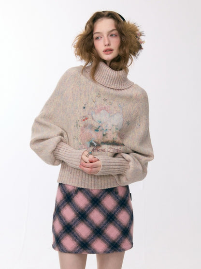 Cat & Dog Poetry Turtle Neck Bat Sleeve Printed Lazy Sweater【s0000015297】