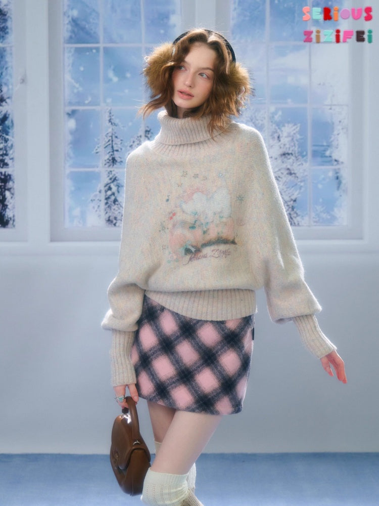 Cat & Dog Poetry Turtle Neck Bat Sleeve Printed Lazy Sweater【s0000015297】