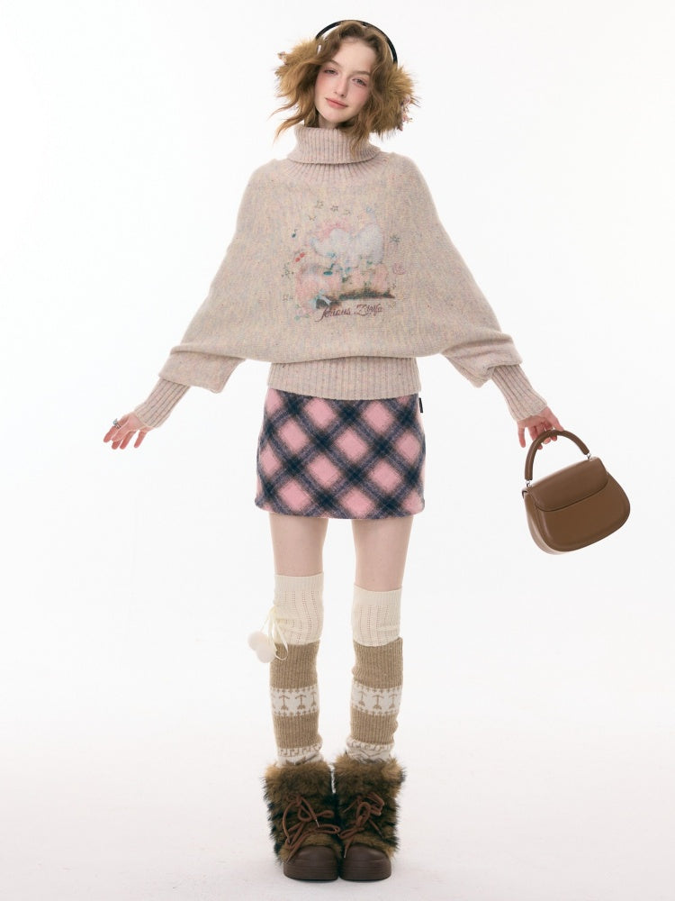 Cat & Dog Poetry Turtle Neck Bat Sleeve Printed Lazy Sweater【s0000015297】